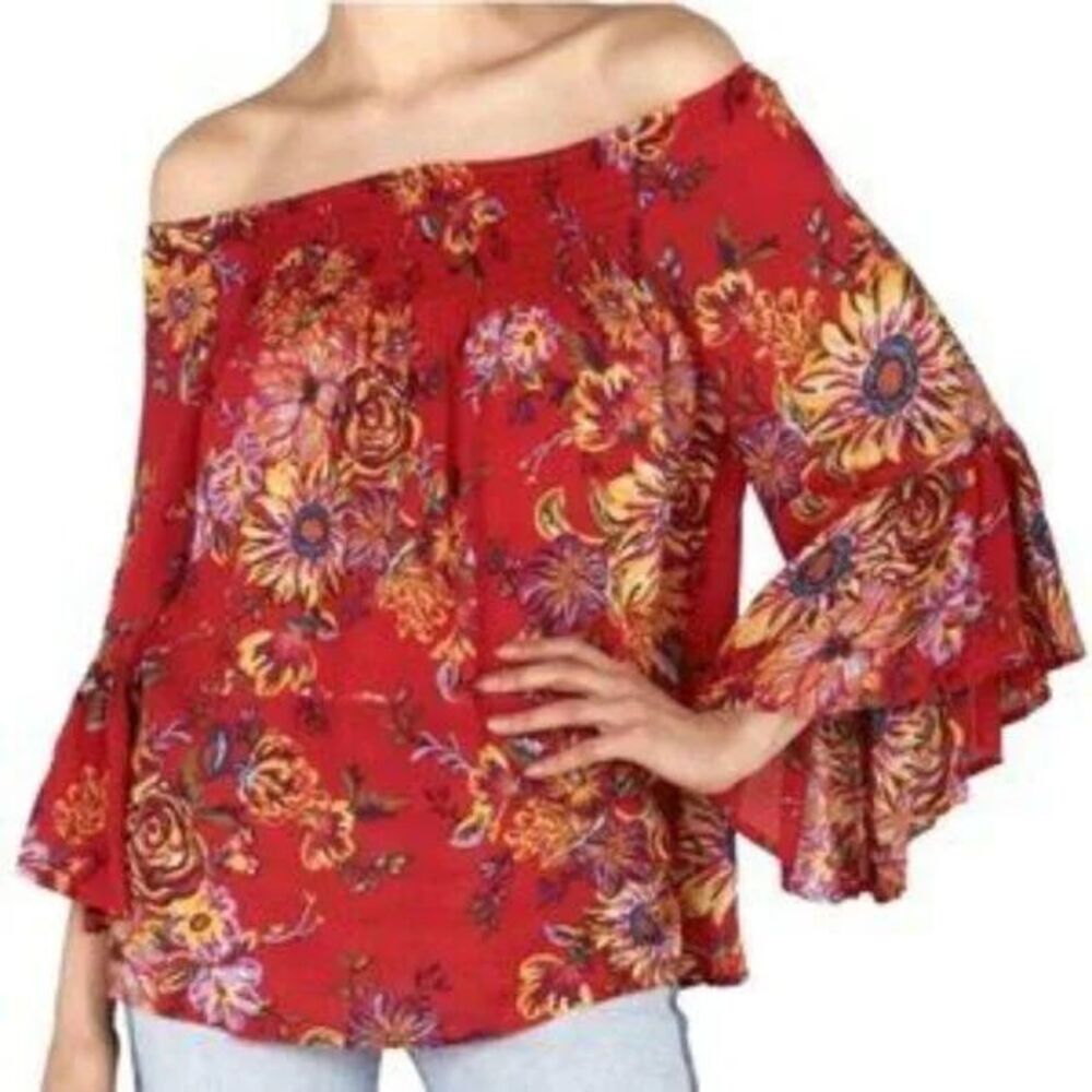Beachlunchlounge Pullover Top Size Small P Red Floral Bell Sleeves Smocking Boho